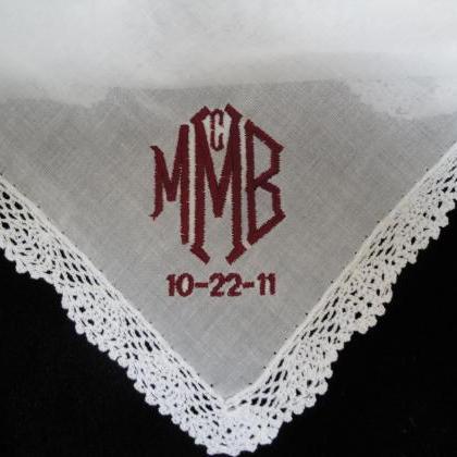 Custom Embroidered Personalized Lace Edged Hankie..