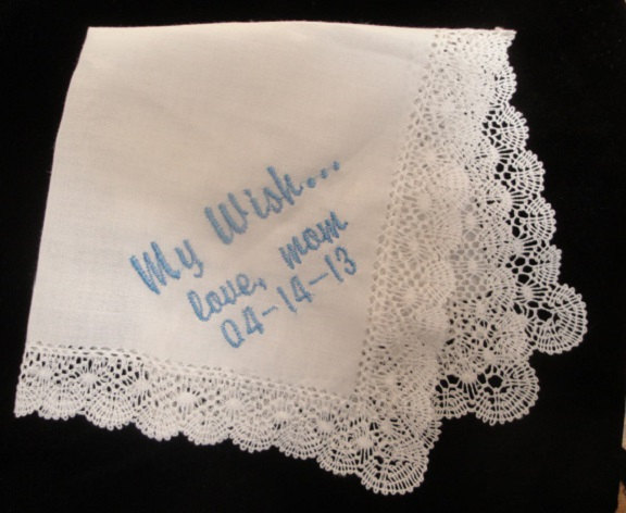 Rush Status Added -- Embroidered Christine Bridal Lace Hankie - Personalized - Made With Handmade Lace