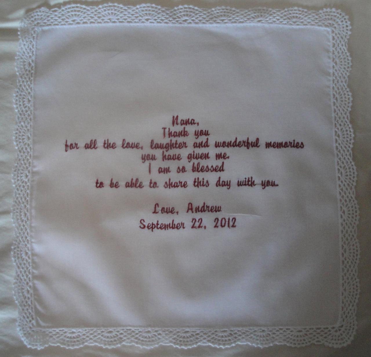 Grandmother Of Bride Or Groom Hankie - Laughter And Love - Embroidered And Personalized