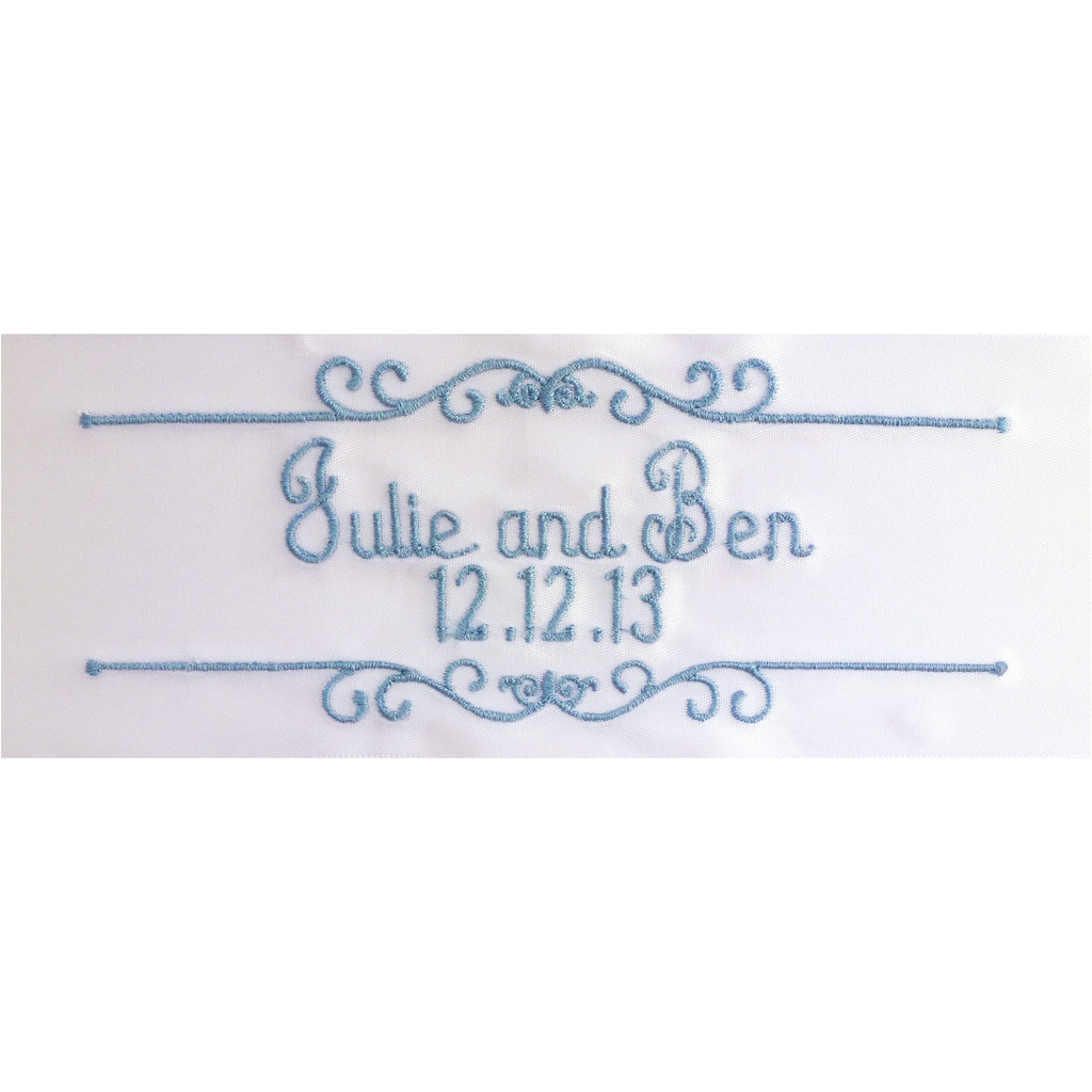 Julie Embroidered Personalized Satin Ribbon Wedding Gown Label - Bridal Blue