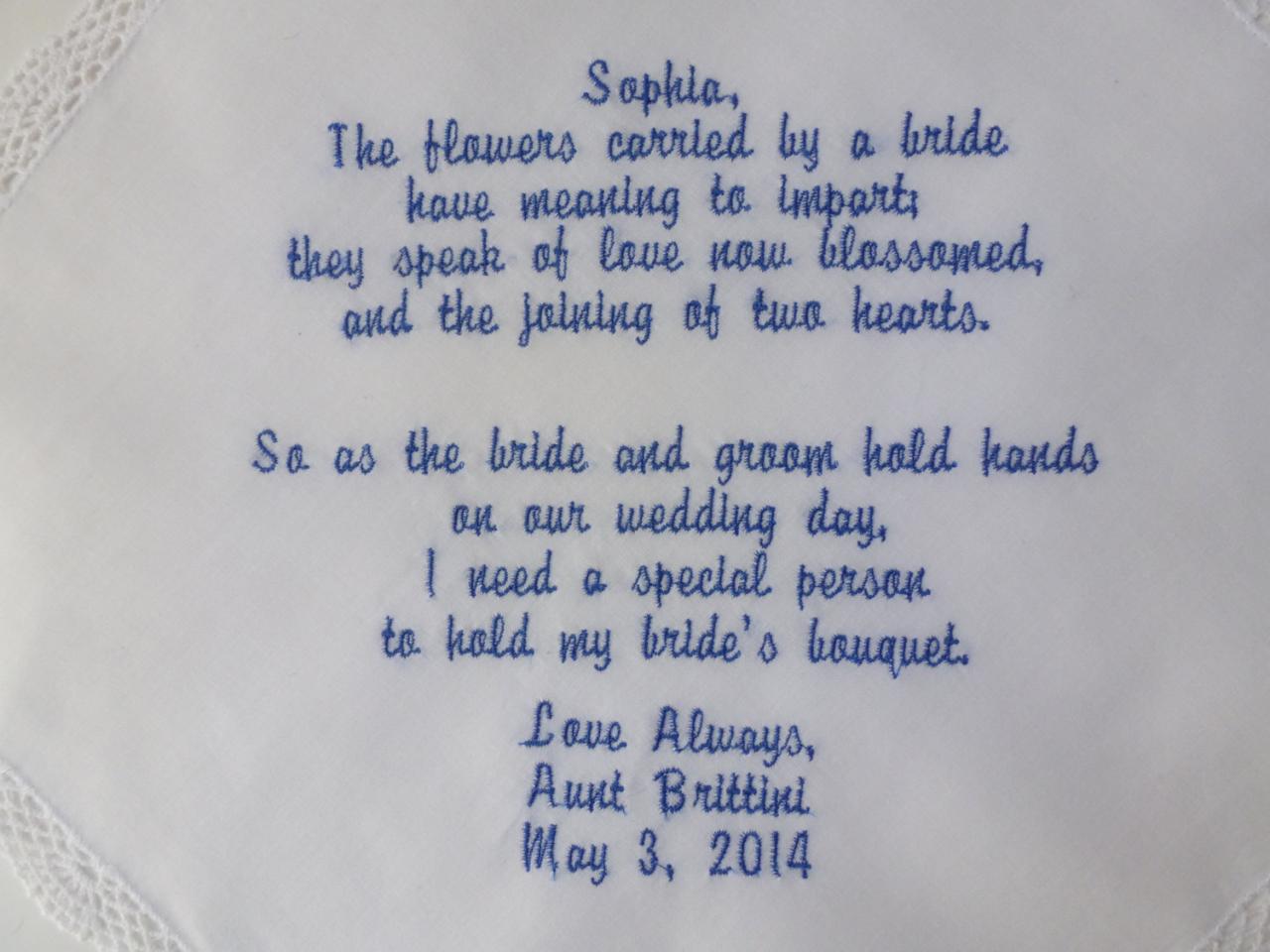 Flower Girl Wedding Hankie - "flowers Carried Poem" - Diagonal Orientation - Embroidered Personalized