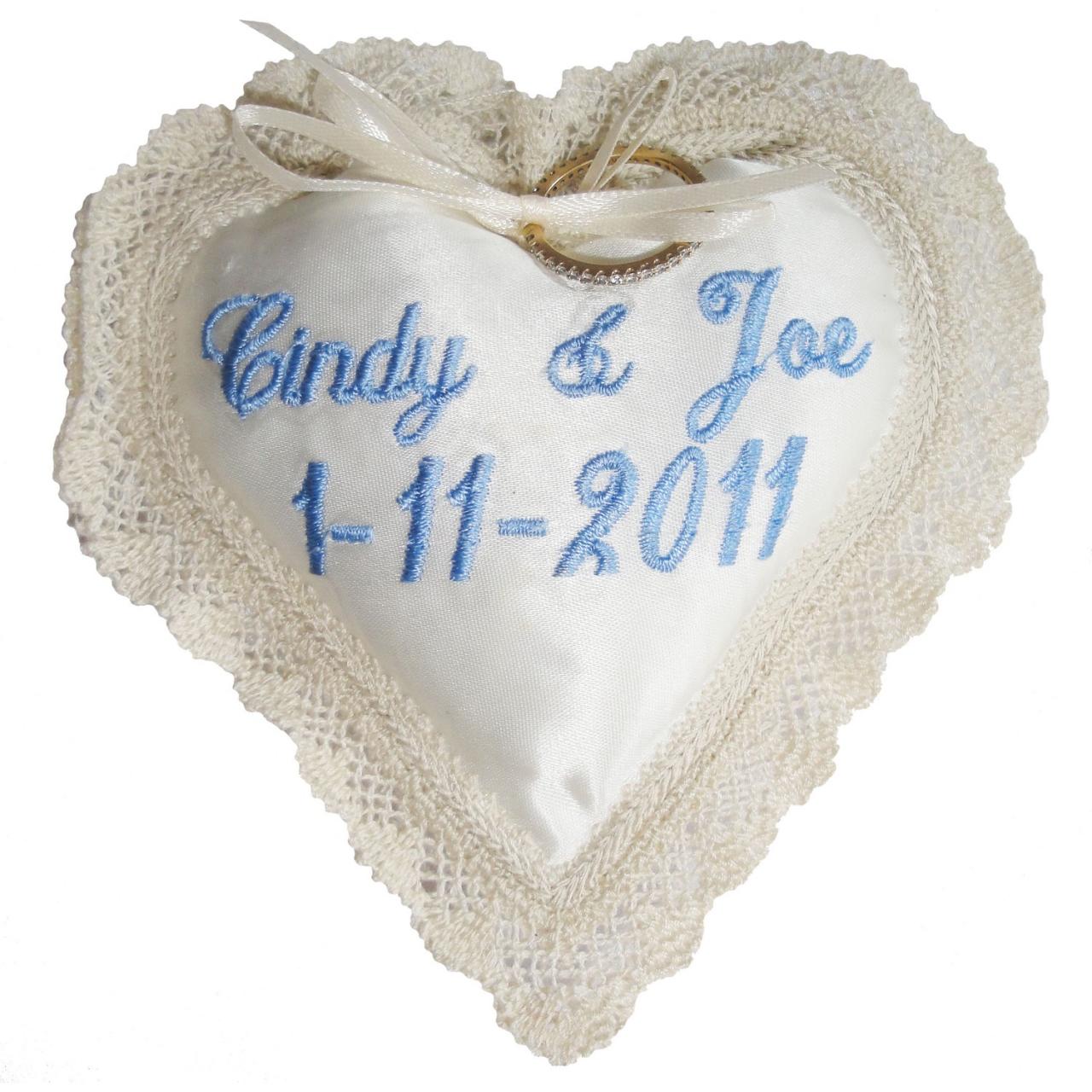 Heart And Created Lace Ringbearer Pillow - Embroidered And Personalized