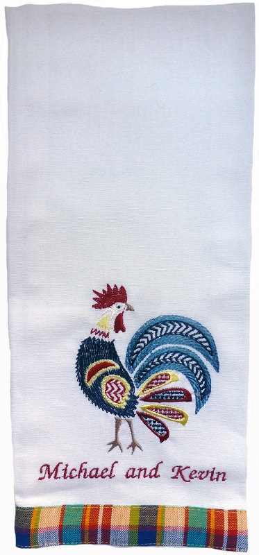Plaid Edged Cotton Kitchen Towel Embroidered With Rooster Design And Personalized