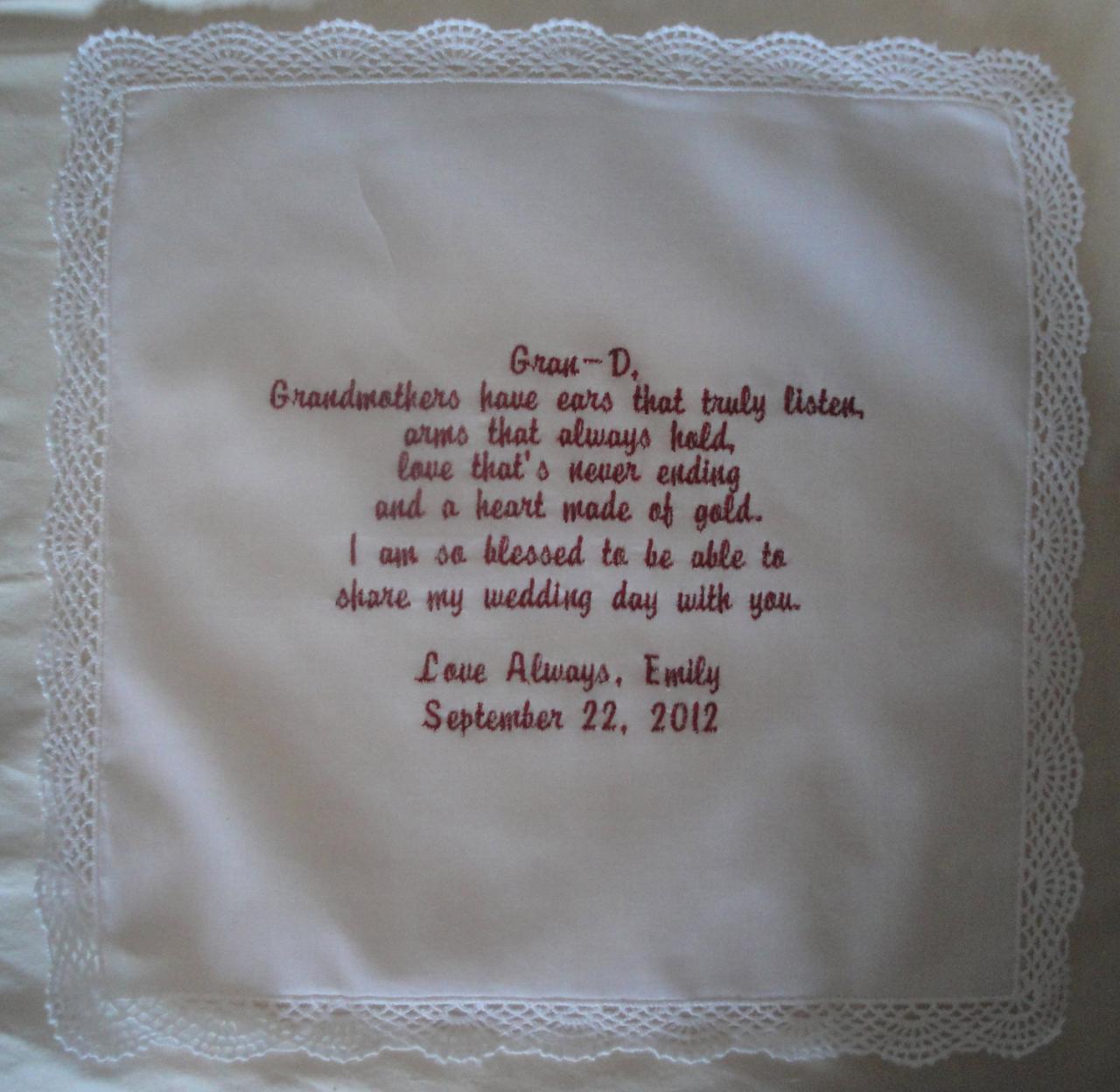 Grandmother Of Bride Or Groom Hankie - Heart Of Gold - Ivory Hankie - Embroidered And Personalized