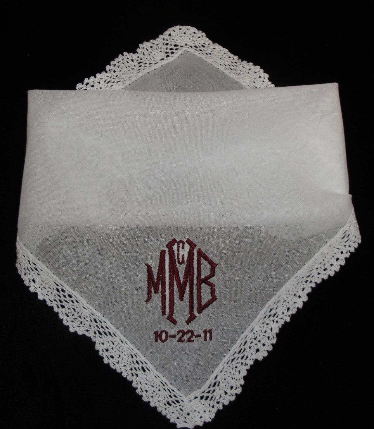 Custom Embroidered Personalized Lace Edged Hankie With Monogram Or Your Phrase