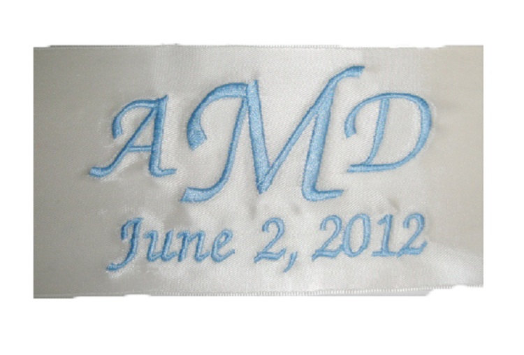 Amy Satin Embroidered And Personalized Ribbon Wedding Gown Label And Gift Box