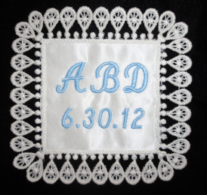 April Raindrop And Created Lace Wedding Gown Label Custom Embroidered And Personalized And Gift Box