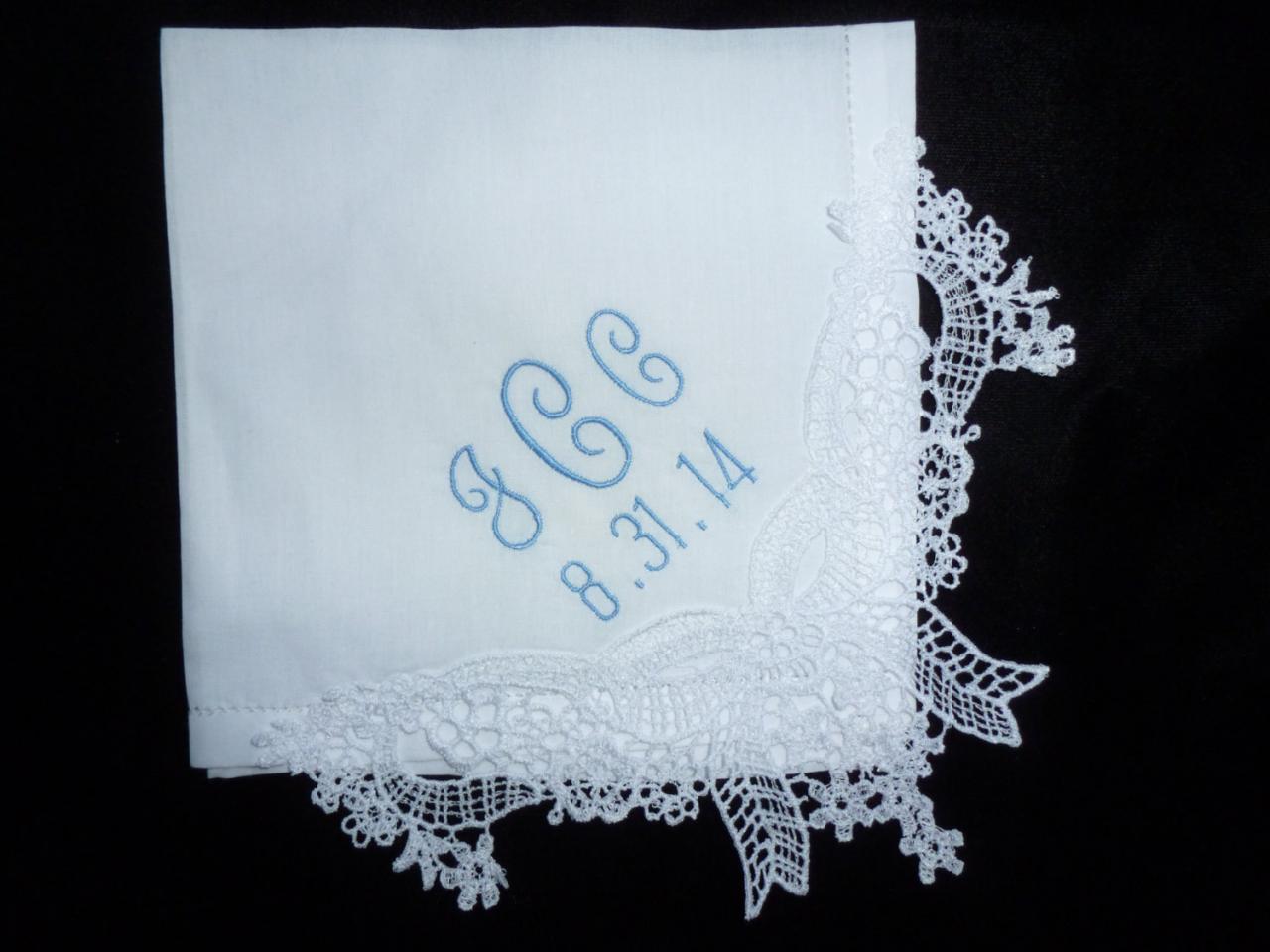 Graceful Personalized Created Lace Hemstitched Cotton Wedding Handkerchief - Initial Impressions Exclusive And Gift Wrap