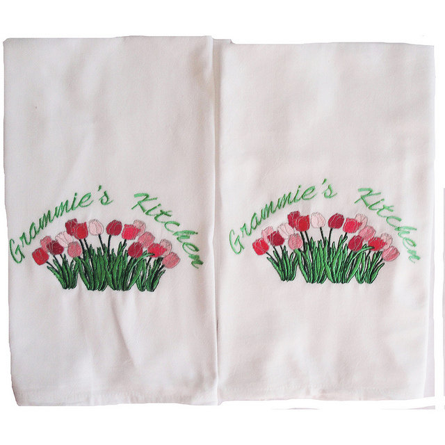 A Pair Of Tulip Embroidered And Personalized Flour Sack Towels
