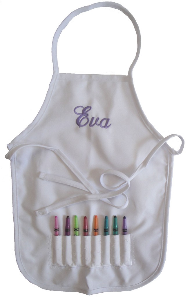 Apron With Pocket For Crayons - White With Eyelet Pocket - Embroidered And Personalized For A Flower Girl Gift