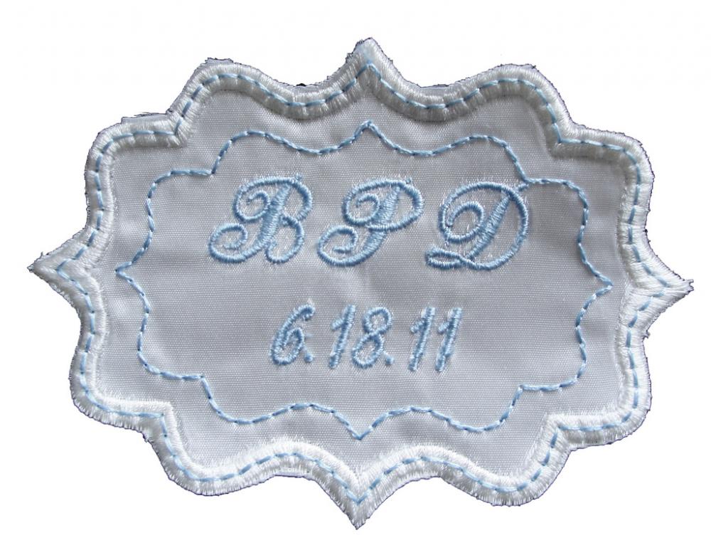 Frame Style White Satin Custom Embroidered Wedding Gown Label